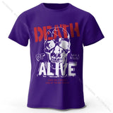 T-shirt coton doux pour hommes violet avec graphique de crâne et texte death or alive vêtements graphiques