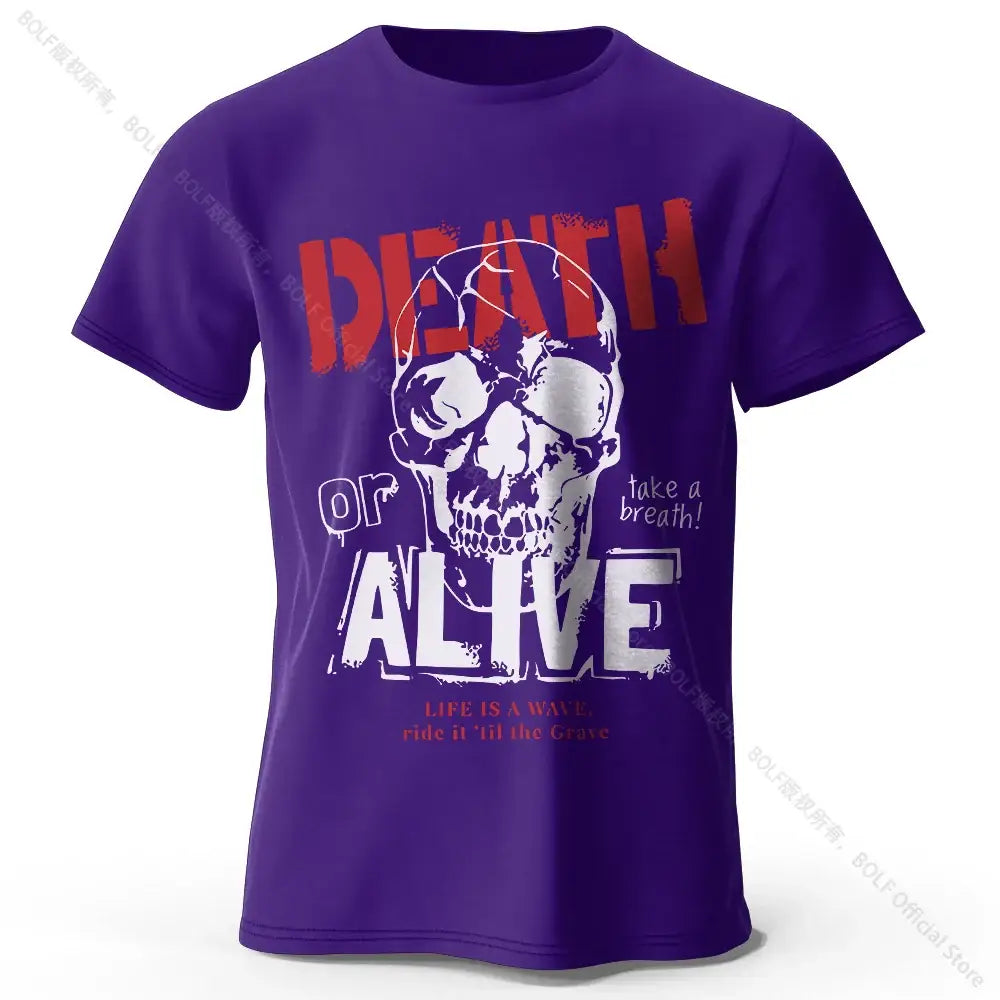 T-shirt coton doux pour hommes violet avec graphique de crâne et texte death or alive vêtements graphiques