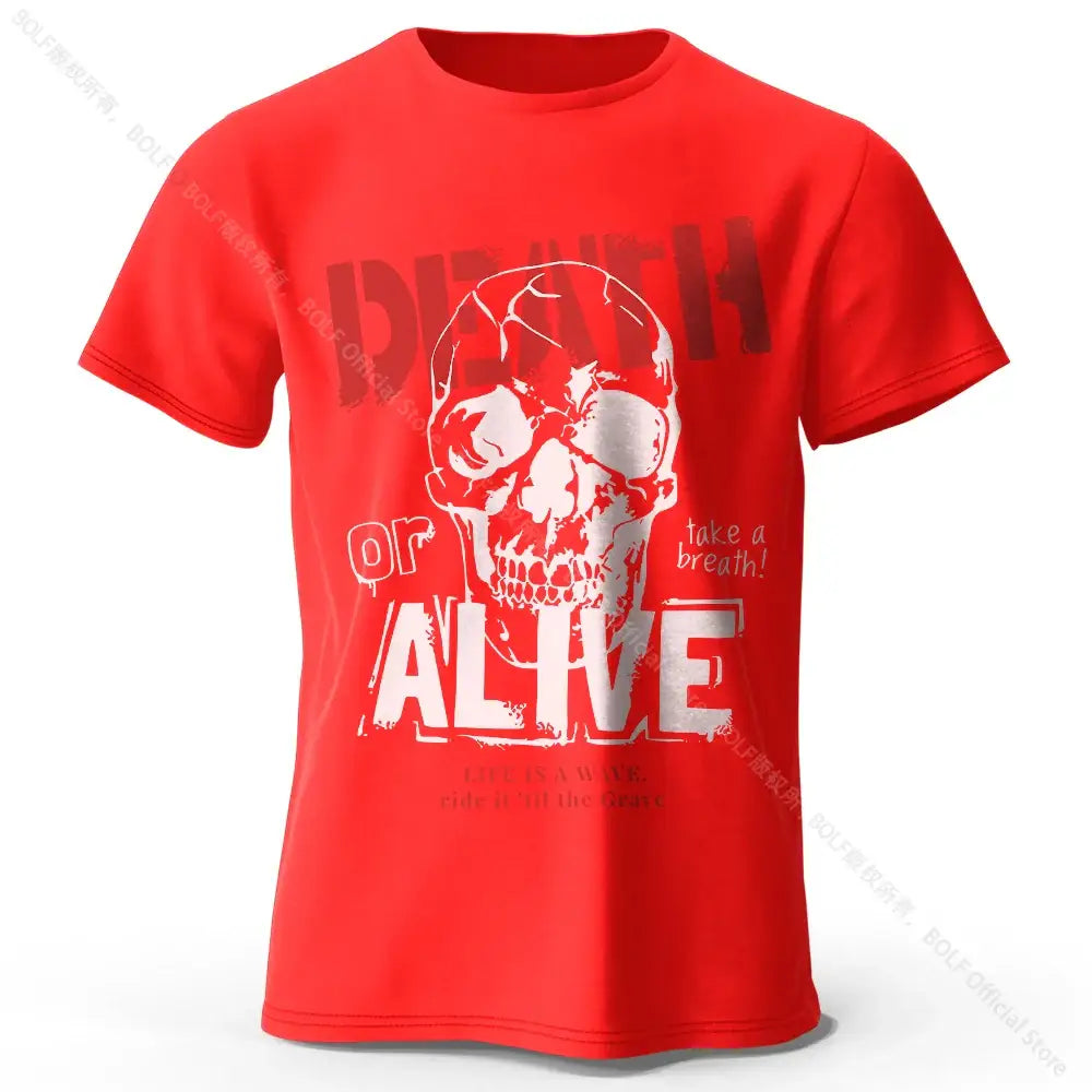 T-shirt coton homme death or alive rouge avec graphique crâne blanc et texte pour vêtements graphiques en coton doux