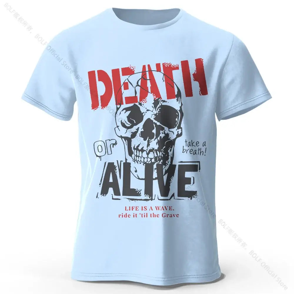 T-shirt coton doux bleu clair pour hommes avec un graphique de skull et lettrage death or alive et slogans