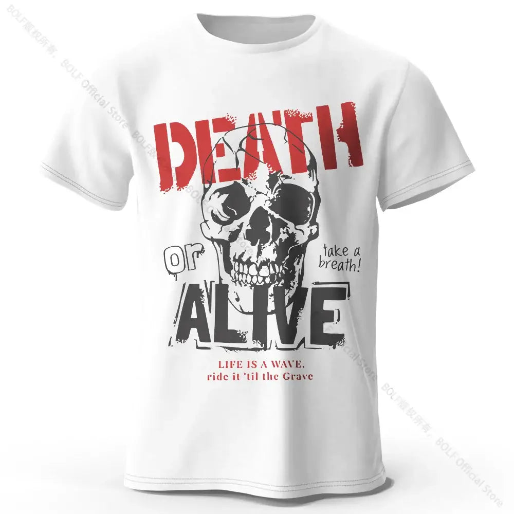 T-shirt coton doux blanc pour hommes avec graphisme bold death en rouge et crâne noir vêtements graphiques