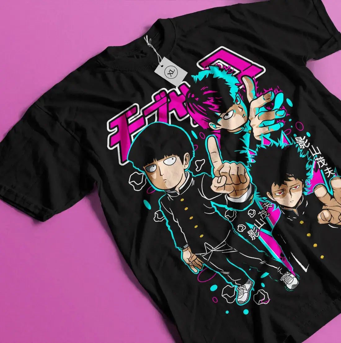 T-shirt coton mob psycho noir en coton avec design emblématique anime jujutsu kaisen en rose néon et cyan