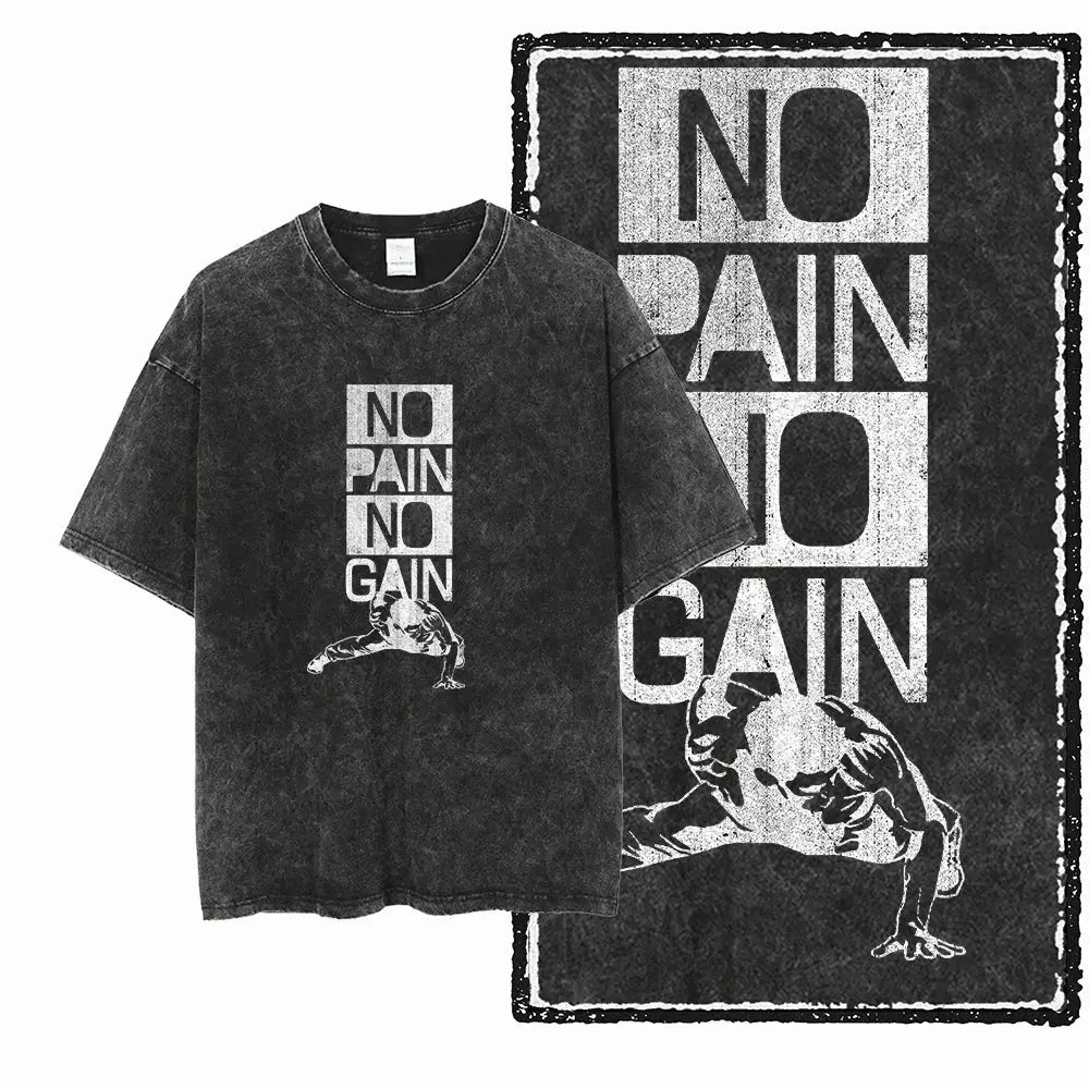 T-shirt noir coton no pain avec motif blanc no pain no gain et illustration musculaire streetwear motivant