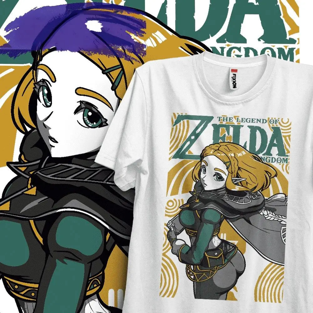 T-shirt coton princesse zelda blanc avec imprimé graphique teal et or du jeu legend of zelda kingdom
