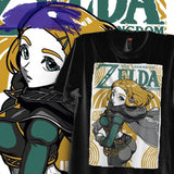 T-shirt princesse zelda noir en coton doux avec un imprimé vert et or de zelda en armure détaillée