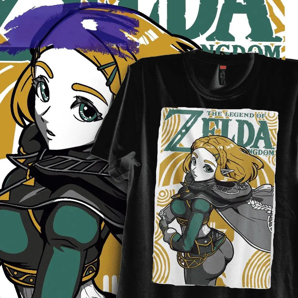 T-shirt princesse zelda noir en coton doux avec un imprimé vert et or de zelda en armure détaillée
