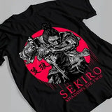 T-shirt coton sekiro ombres mourir noir avec graphique samouraï dynamique sur fond rouge pour jeu vidéo acclamé