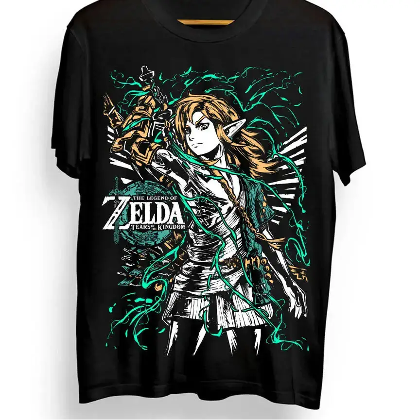 T-shirt coton zelda noir avec graphique vibrant de link de zelda tears of the kingdom et effets denergie teal