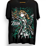 T-shirt coton zelda noir avec graphique vibrant de link de zelda tears of the kingdom et effets denergie teal