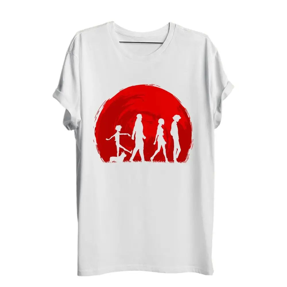 T-shirt cowboy bebop en coton blanc avec motif hunter rouge soleil rouge et silhouettes blanches de quatre personnages marchant