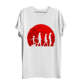 T-shirt cowboy bebop en coton blanc avec motif hunter rouge soleil rouge et silhouettes blanches de quatre personnages marchant