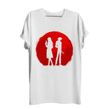 T-shirt cowboy bebop en coton blanc avec motif hunter rouge soleil rouge et silhouettes d anime en blanc