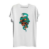 T-shirt crâne squelette en coton blanc avec design rebelle serpent bleu vert enroulé autour d un crâne orange aux couleurs vibrantes