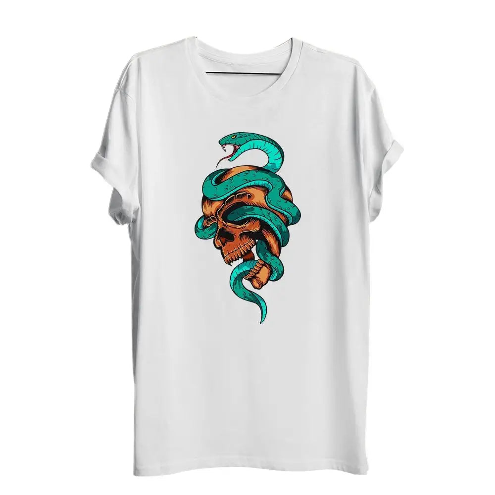 T-shirt crâne squelette en coton blanc avec design rebelle serpent bleu vert enroulé autour d un crâne orange aux couleurs vibrantes