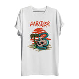 T-shirt crâne squelette blanc à manches courtes avec design rebelle dun serpent teal et d un coucher de soleil orange