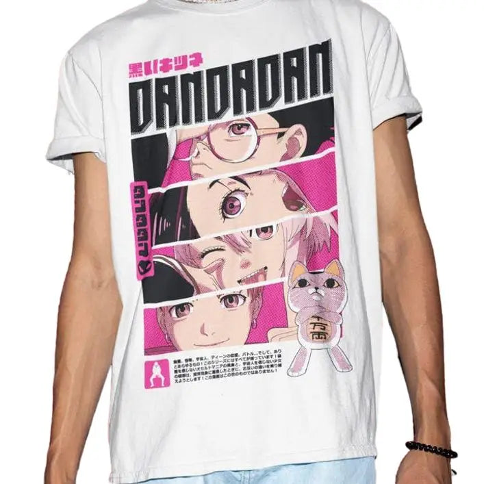 T-shirt dandadan anime en coton blanc avec design original inspiré dandadan manga et motif graphique audacieux