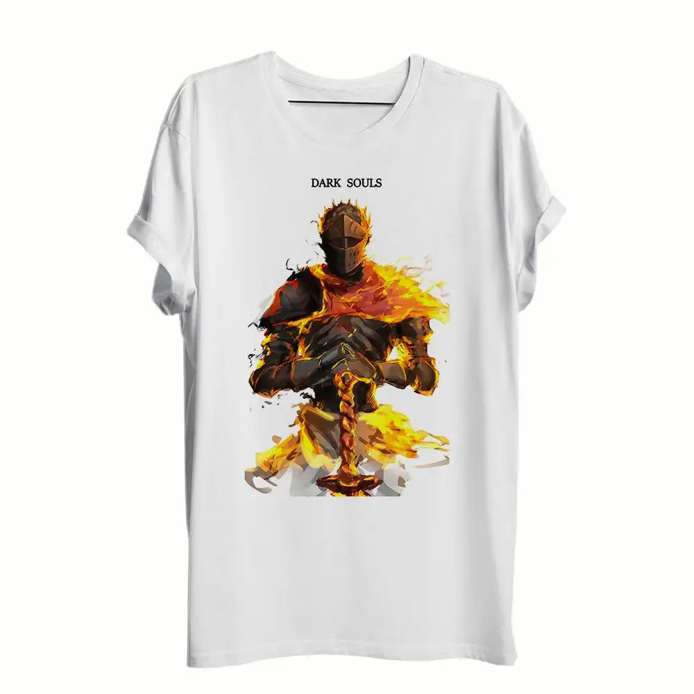 T-shirt dark souls épéiste blanc à manches courtes avec un graphisme vibrant du personnage Dark Souls en flammes