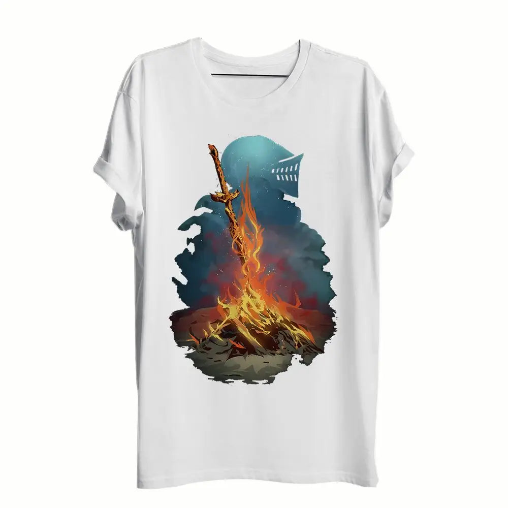 T-shirt dark souls blanc en coton avec graphique coloré dépéiste épée en flammes et personnage casque bleu