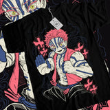 T-shirt demon slayer akaza noir à manches courtes avec marquages emblématiques du personnage aux cheveux roses