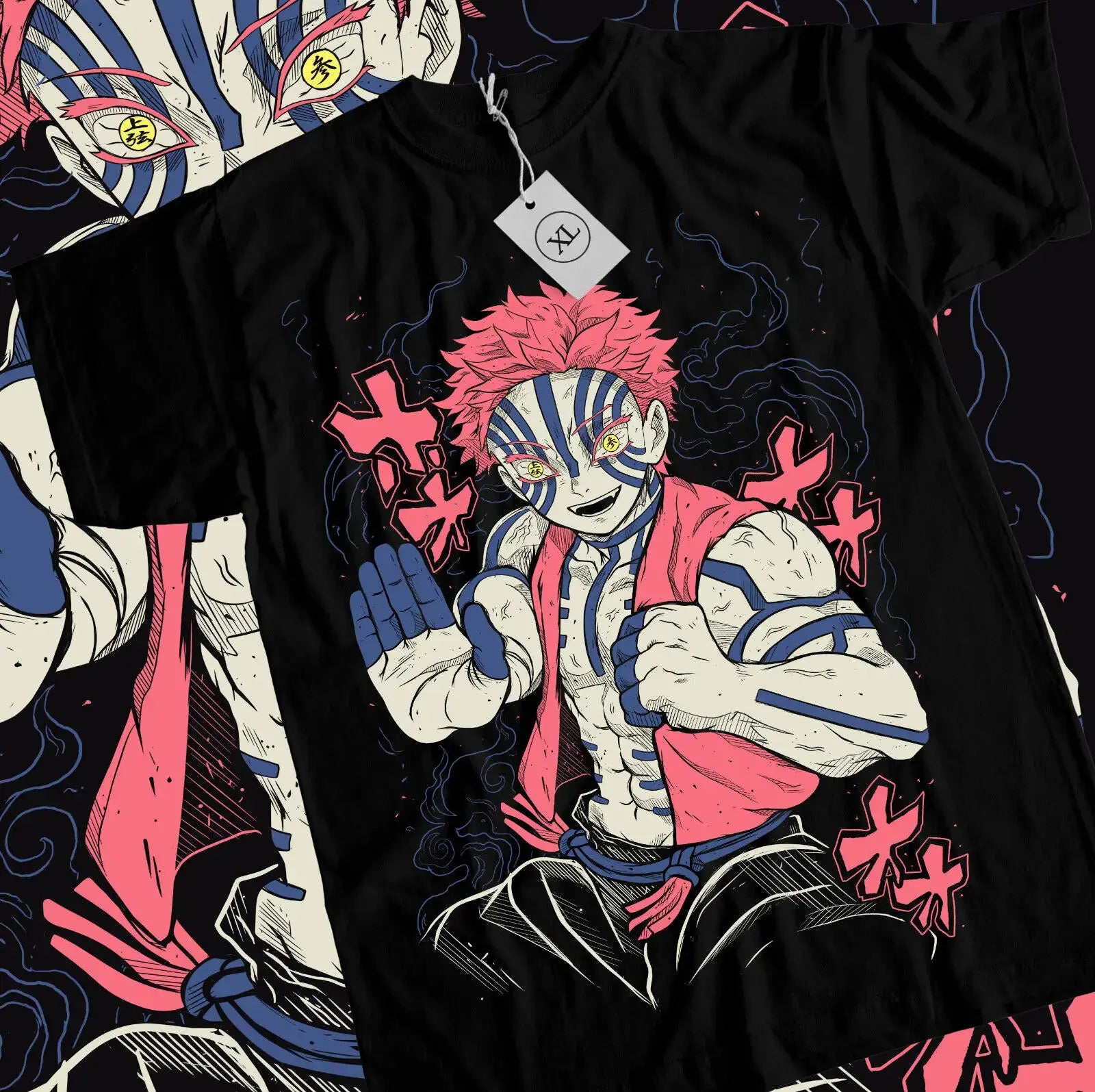 T-shirt demon slayer akaza noir à manches courtes avec marquages emblématiques du personnage aux cheveux roses