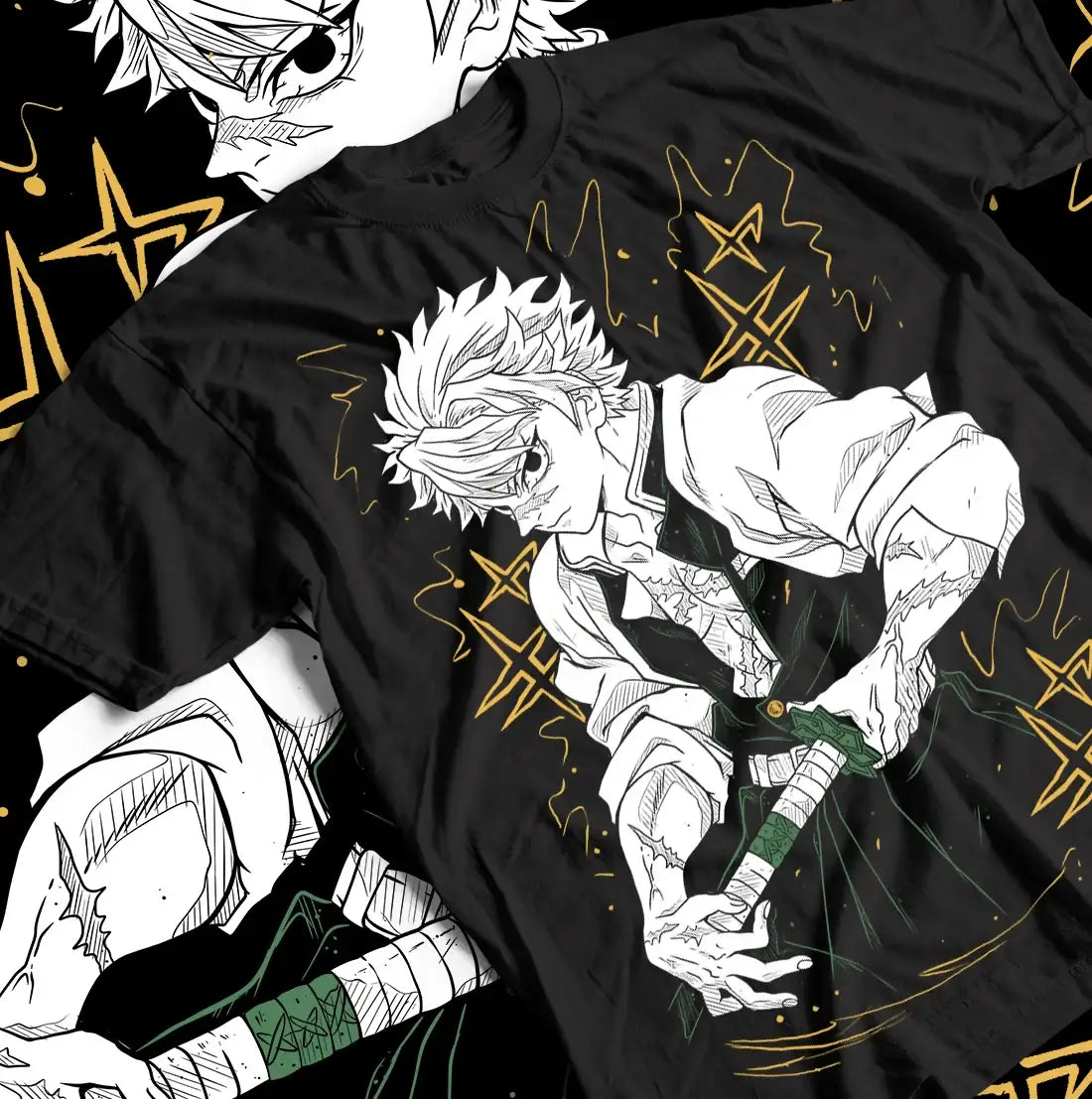 T-shirt demon slayer noir avec illustration blanche et or de sanemi shinazugawa en pose dynamique avec épée verte kimetsu no yaiba