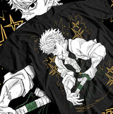 T-shirt demon slayer noir avec illustration blanche et or de sanemi shinazugawa en pose dynamique avec épée verte kimetsu no yaiba