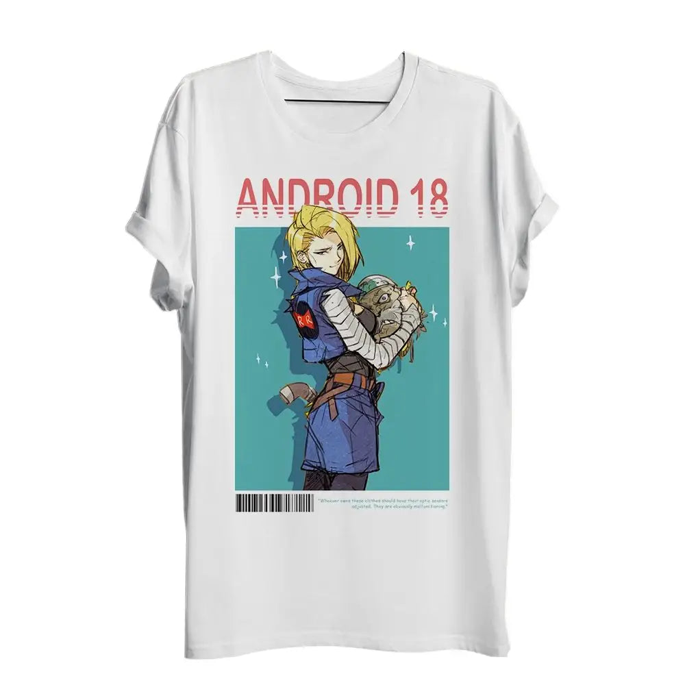 T-shirt dragon ball blanc manches courtes avec imprimé graphique android 18 en tenue bleue sur fond bleu sarcelle