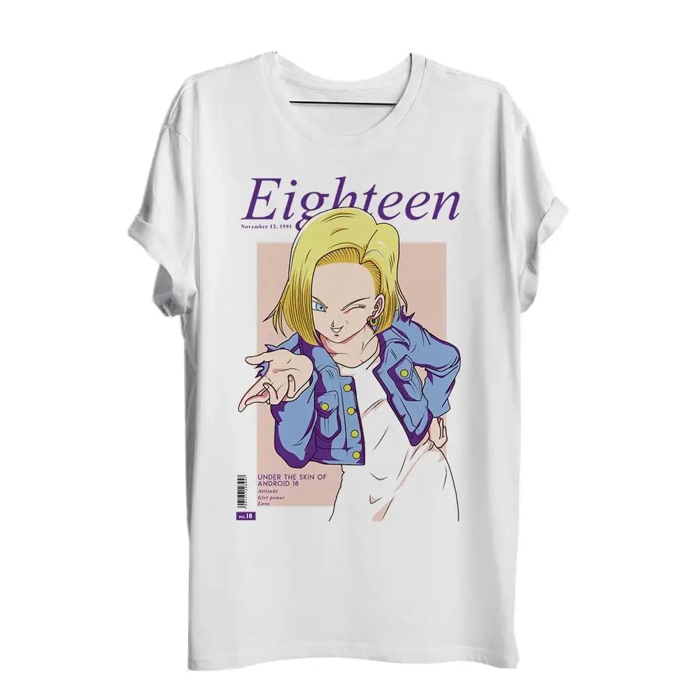 T-shirt dragon ball blanc en coton avec imprimé graphique android 18 style magazine texte violet et veste bleue