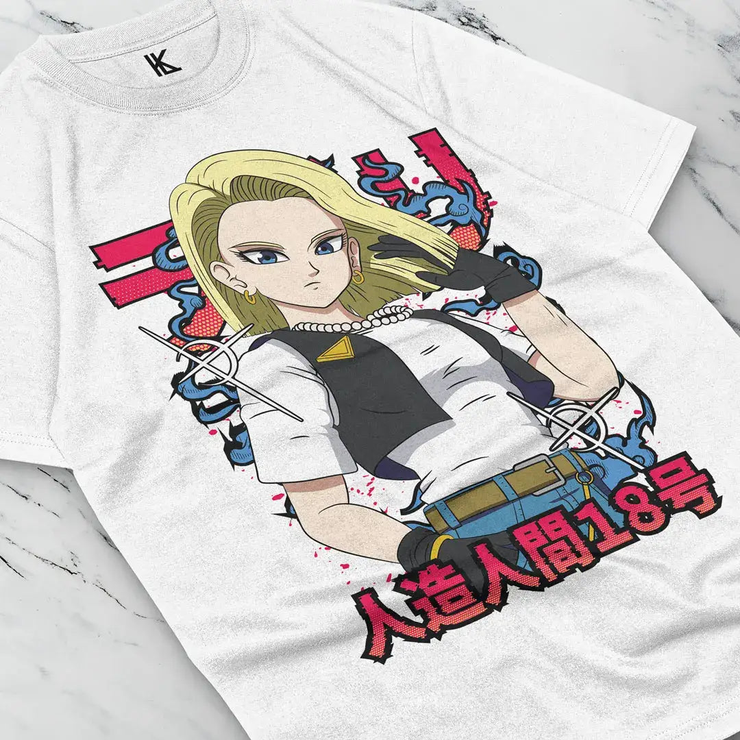 T-shirt dragon ball blanc en coton avec un design percutant android 18 aux cheveux blonds et effets rouges et bleus
