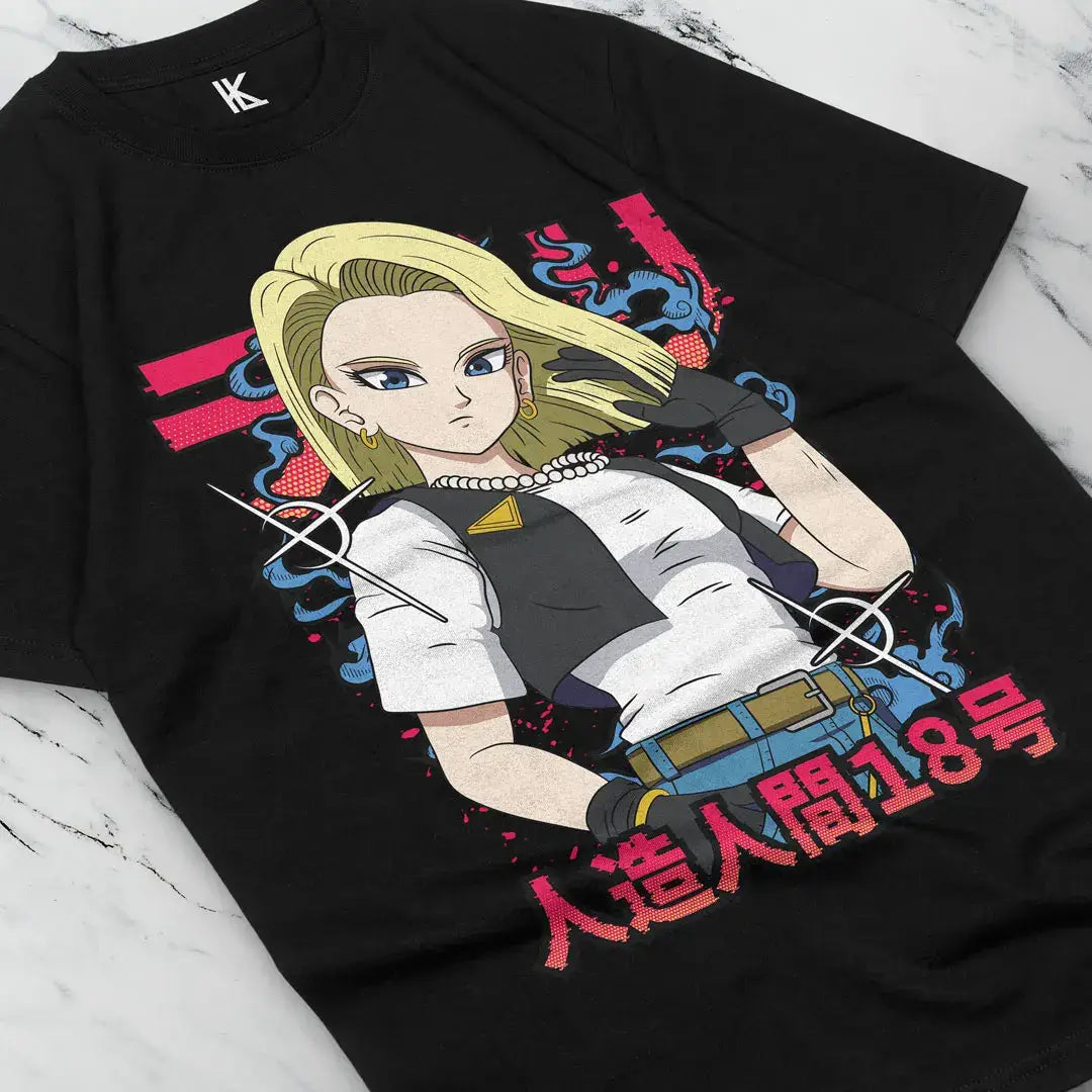 T-shirt dragon ball noir avec design percutant d android 18 blond aux yeux bleus sur fond stylisé rouge et bleu