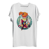 T-shirt dragon ball blanc à manches courtes avec design dynamique de guerrière anime aux cheveux orange en armure rouge