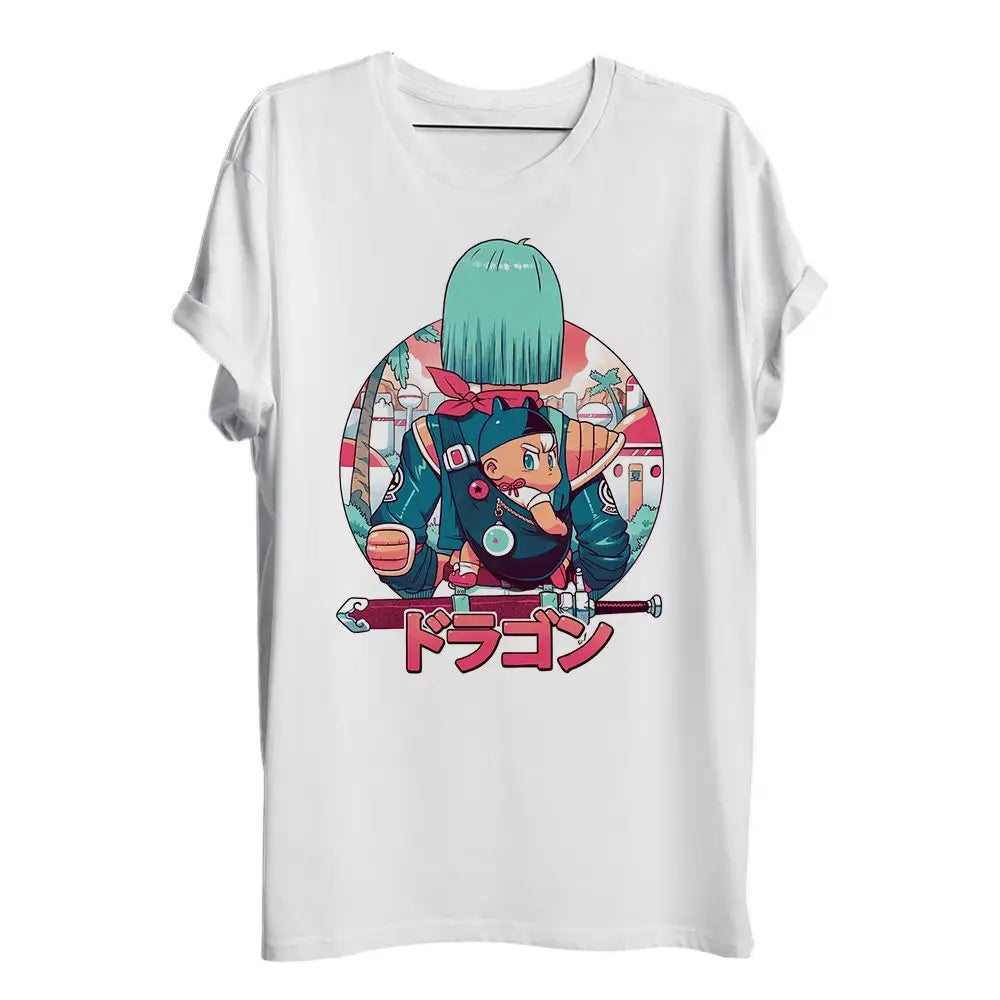 T-shirt dragon ball guerrieres blanc à manches courtes avec un design dynamique coloré de bulma et texte japonais