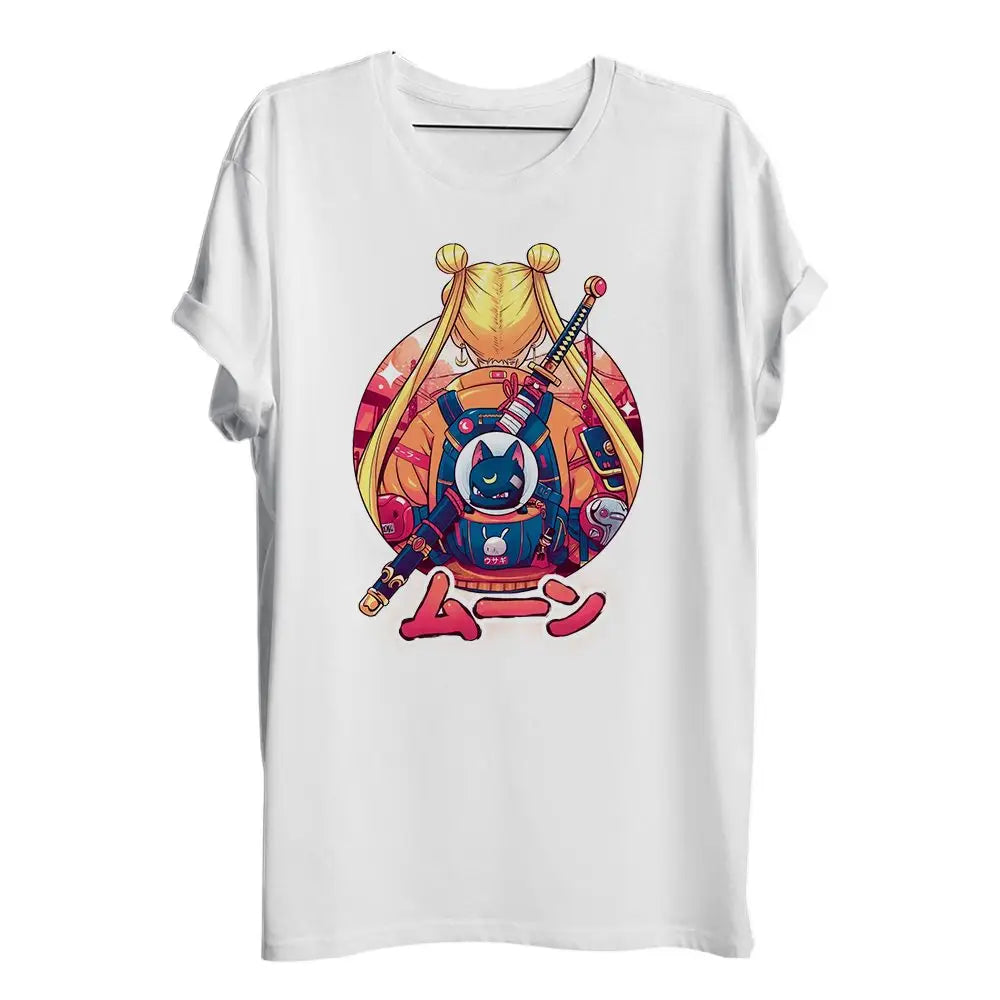 T-shirt dragon ball guerrières blanc avec un design dynamique stylisé de sailor moon futuriste aux accents roses et orange