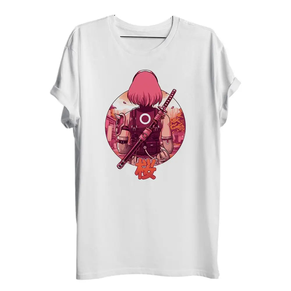 T-shirt dragon ball guerrieres blanc à manches courtes avec design dynamique d un personnage d anime rose au sabre