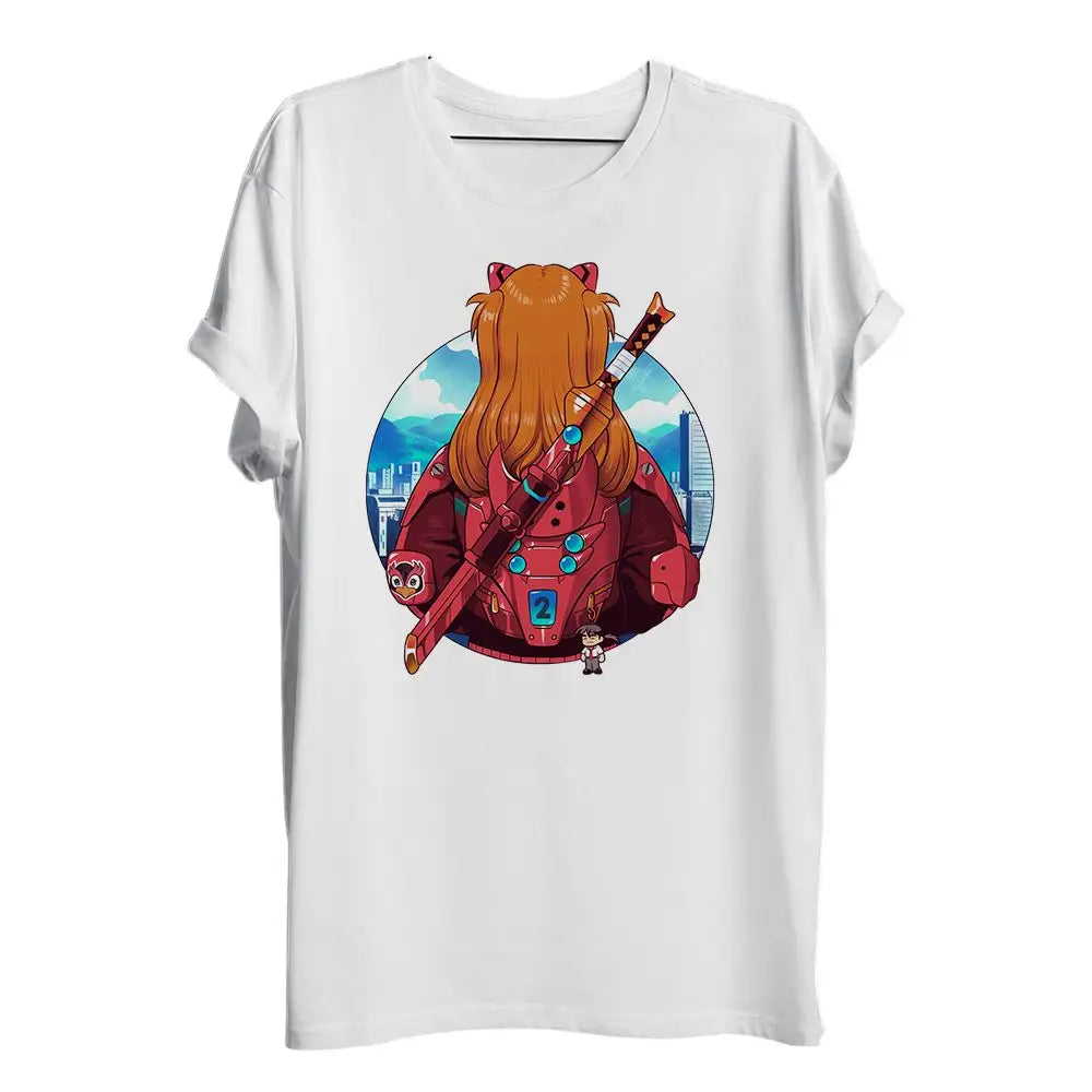 T-shirt blanc manches courtes dragon ball guerrières avec design dynamique personnage anime en armure rouge et cheveux orange