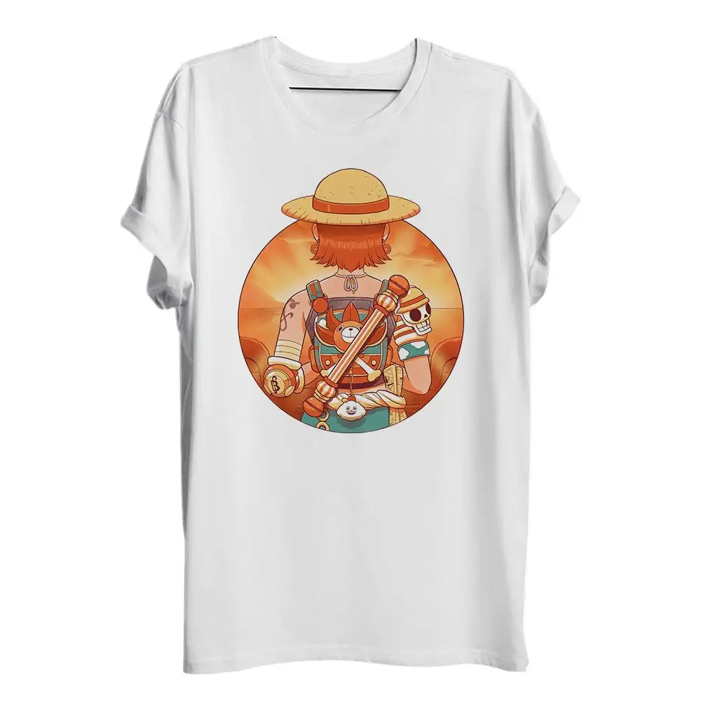 T-shirt white short-sleeved with dynamic luffy design featuring straw hat and crossed swords for dragon ball guerrières
