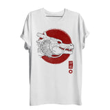 T-shirt dragon ball blanc manches courtes avec dessin ligne noir tête de shenron sur fond rouge cercle et texte japonais vertical