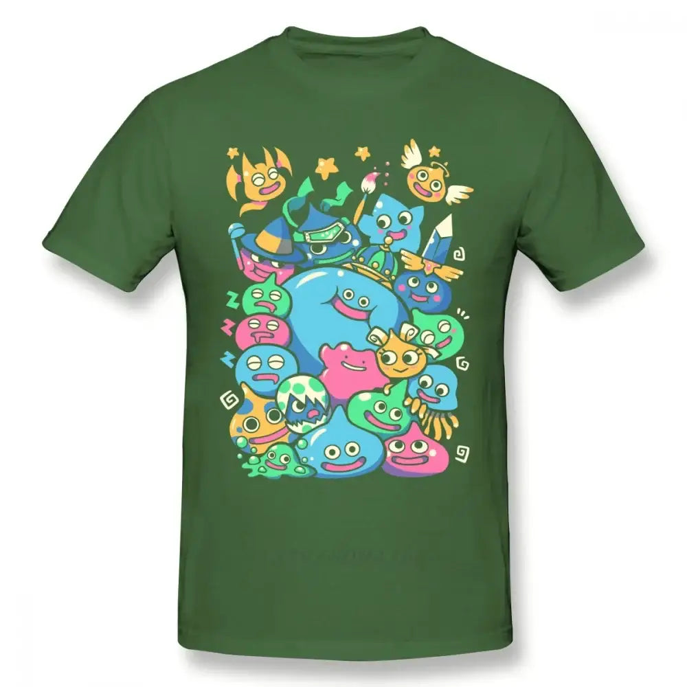 T-shirt dragon quest vert foncé avec un graphique coloré de célèbres slimes dragon quest slime sur le devant