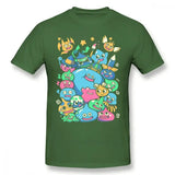 T-shirt dragon quest vert foncé avec un graphique coloré de célèbres slimes dragon quest slime sur le devant