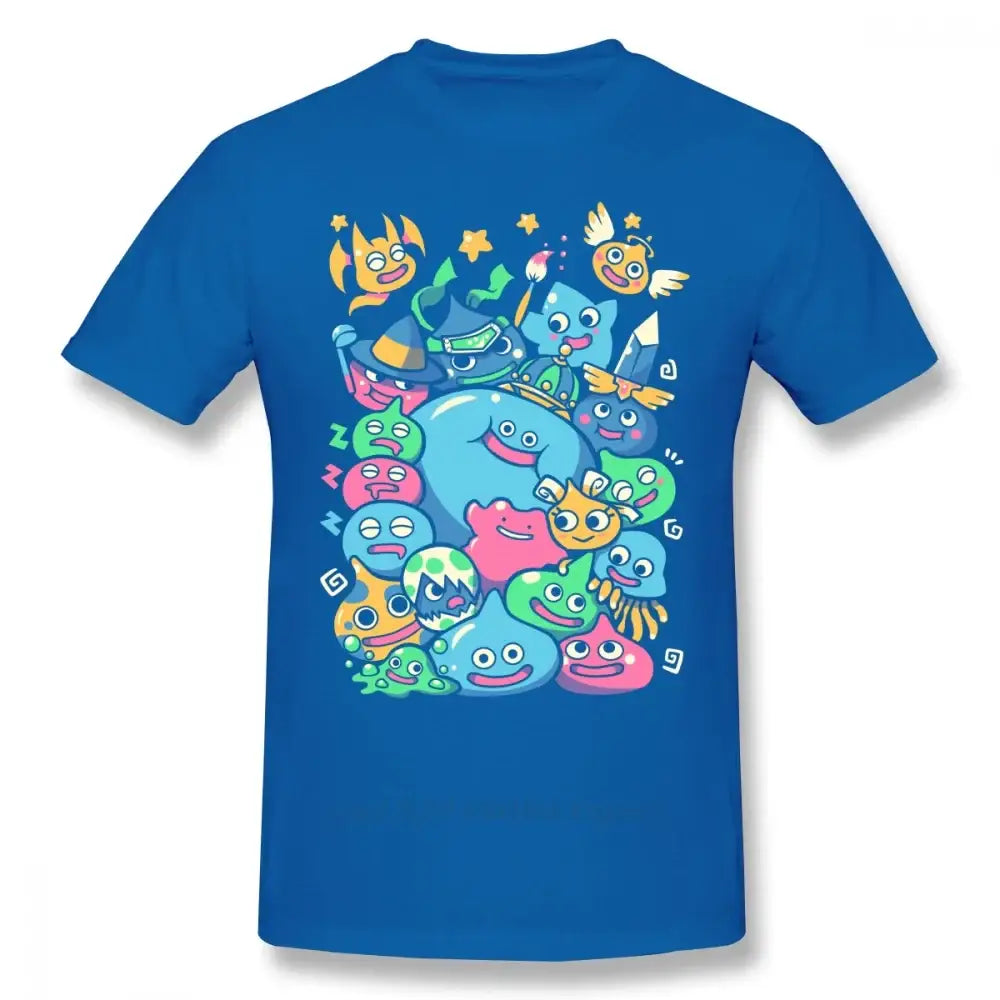 T-shirt dragon quest bleu à manches courtes avec un graphique coloré des célèbres slimes cartoon de dragon quest