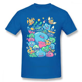 T-shirt dragon quest bleu à manches courtes avec un graphique coloré des célèbres slimes cartoon de dragon quest