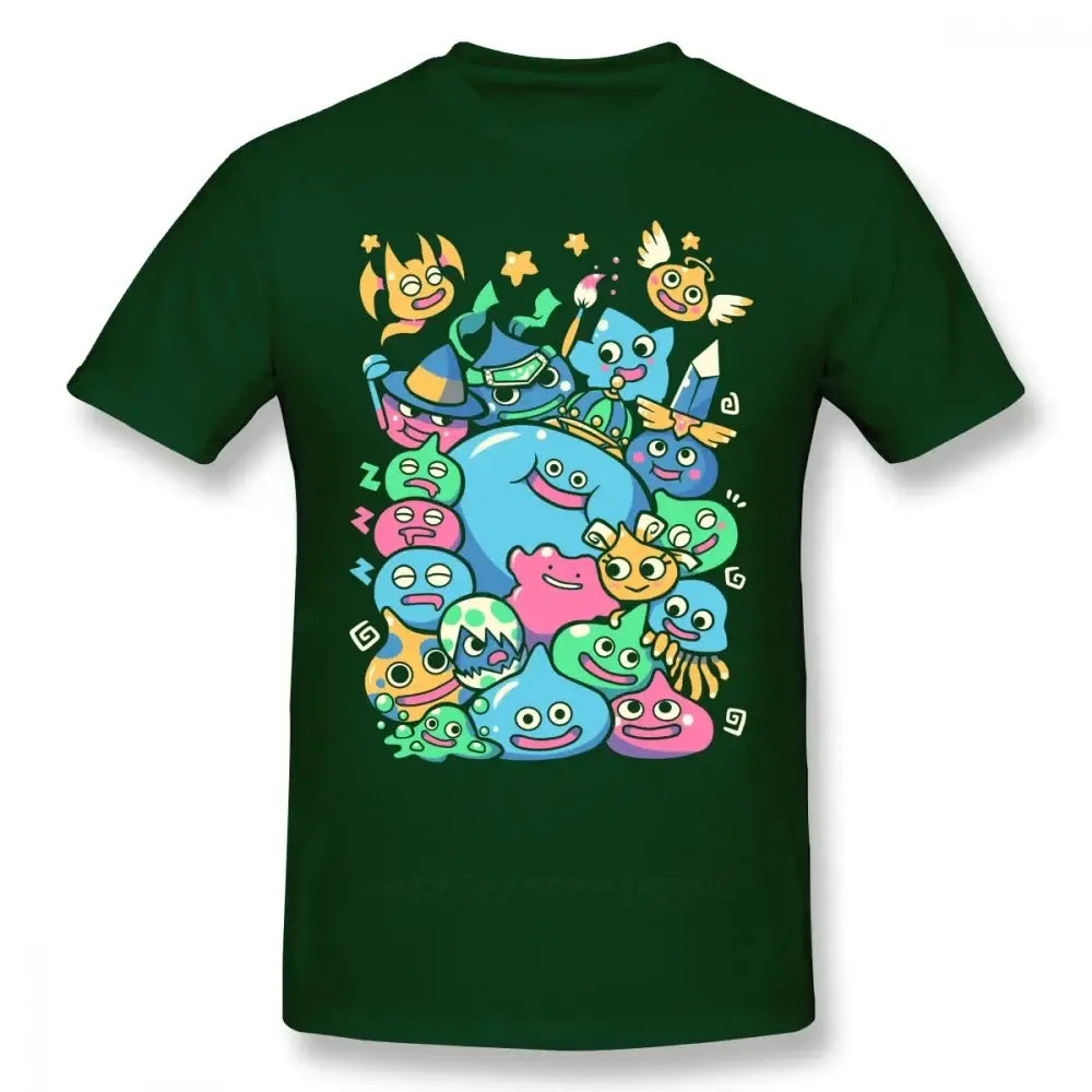 T-shirt dragon quest en coton vert foncé avec un graphisme coloré des célèbres slimes dragon quest slime