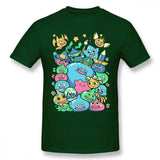 T-shirt dragon quest en coton vert foncé avec un graphisme coloré des célèbres slimes dragon quest slime