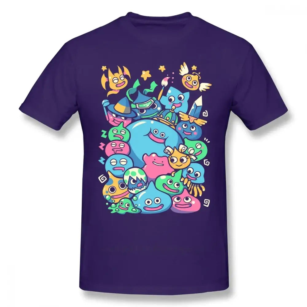 T-shirt dragon quest violet avec graphique coloré des célèbres slimes cartoon de dragon quest en coton manches courtes