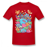 T-shirt dragon quest rouge avec un graphique coloré de célèbres slimes cartoon du dragon quest
