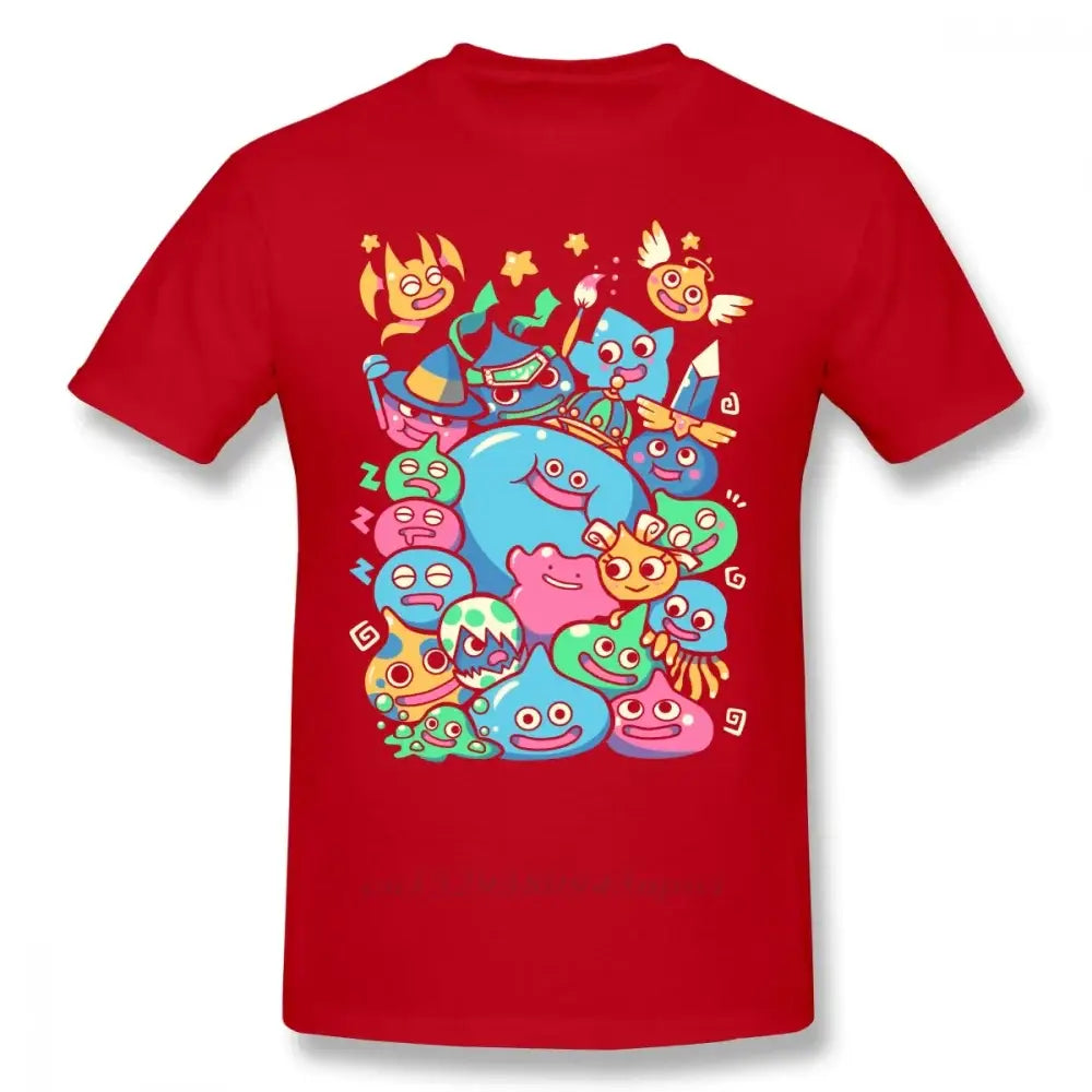 T-shirt dragon quest rouge avec un graphique coloré de célèbres slimes cartoon du dragon quest