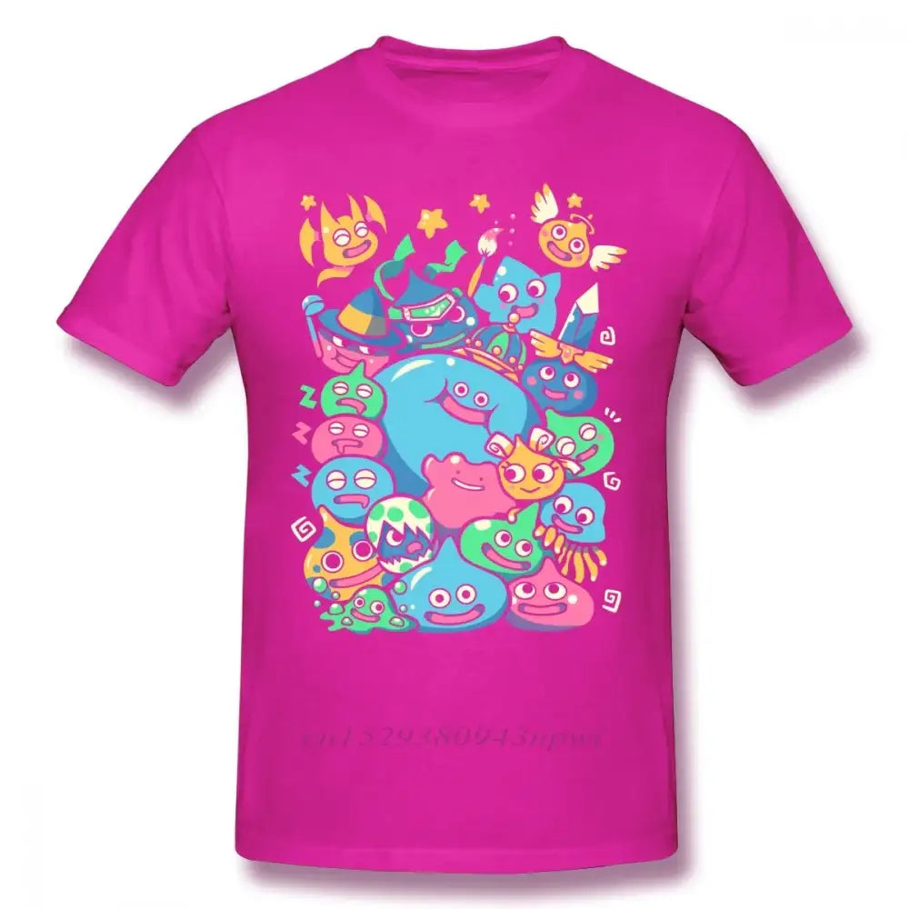 T-shirt dragon quest magenta avec imprimé coloré de célèbres slimes dragon quest en style cartoon