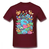 T-shirt dragon quest en coton marron avec un graphisme coloré des célèbres slimes dragon quest sur le devant