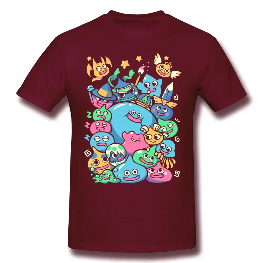 T-shirt dragon quest en coton marron avec un graphisme coloré des célèbres slimes dragon quest sur le devant
