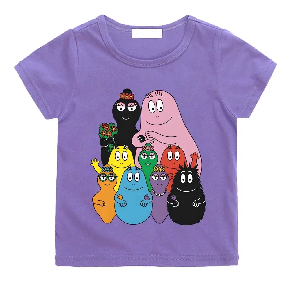 T-shirt enfant barbapapa violet à manches courtes avec impression colorée des personnages de la famille barbapapa
